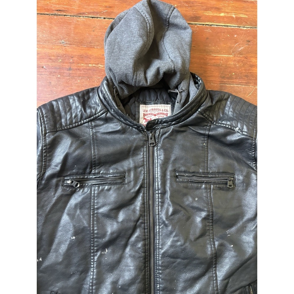 Levi Black Motorcycle Hooded Faux Leather Bomber Racer Trucker Jacket Mens XXL - Picture 5 of 9